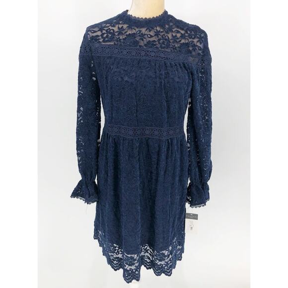 Tahari ASL Womens Lace Mini Dress 4 Blue Long Sleeve Mock Neck Babydoll NWT - Picture 3 of 13